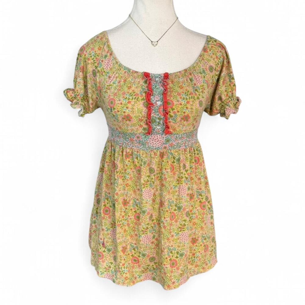 Flirt & Flitter yellow floral babydoll Indie Boho Cottage top  ruffles size XS